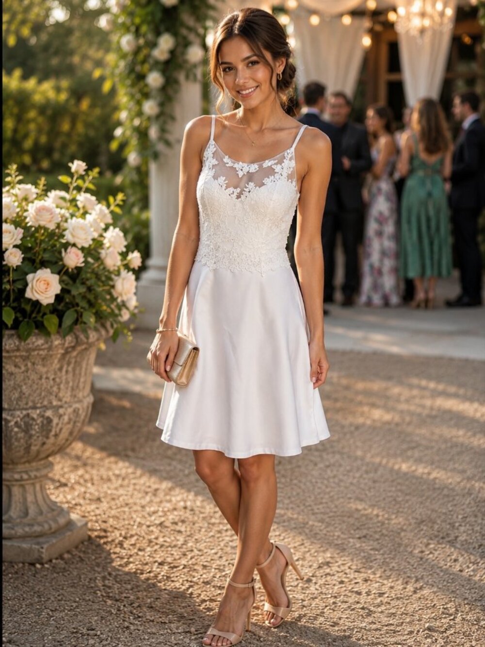 White Floral Lace Bodice A-Line Mini Wedding Dress Dance Formal